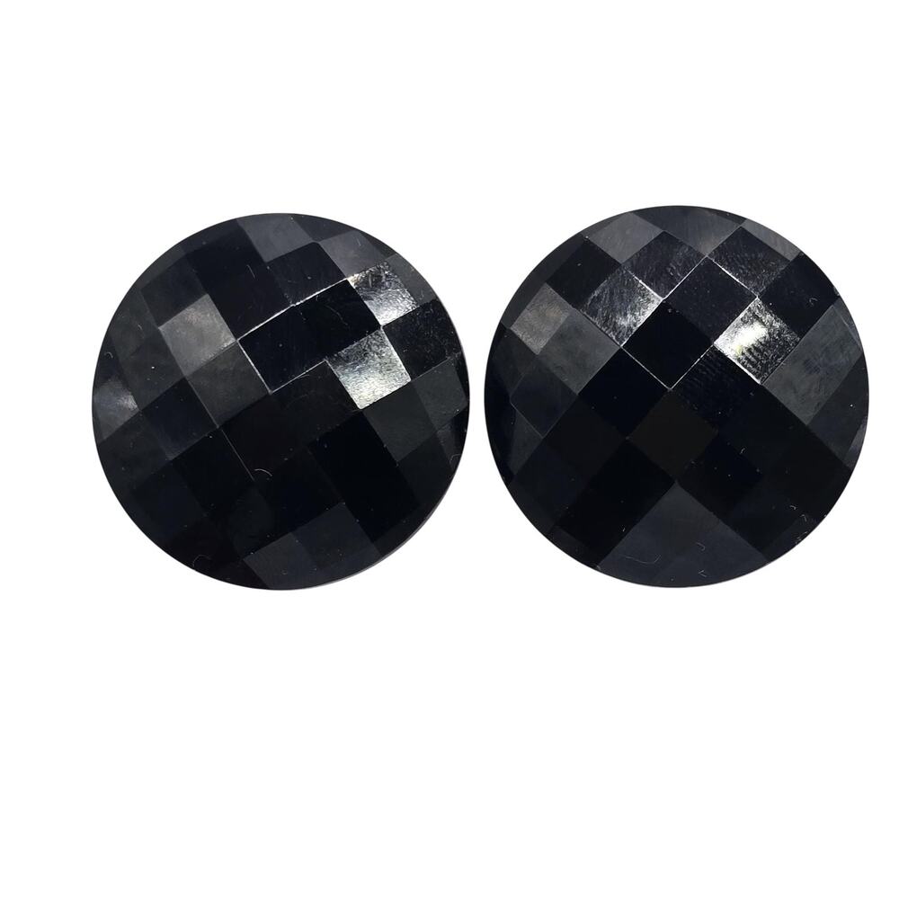 Earrings Vintage Round Black Lucite Faceted Button West Germany Clip On SKU 3253